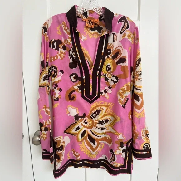 Tory Burch Pink Floral Tunic Top Size 8 Boho Beach Resort 100% Cotton Brown Trim - Picture 1 of 10